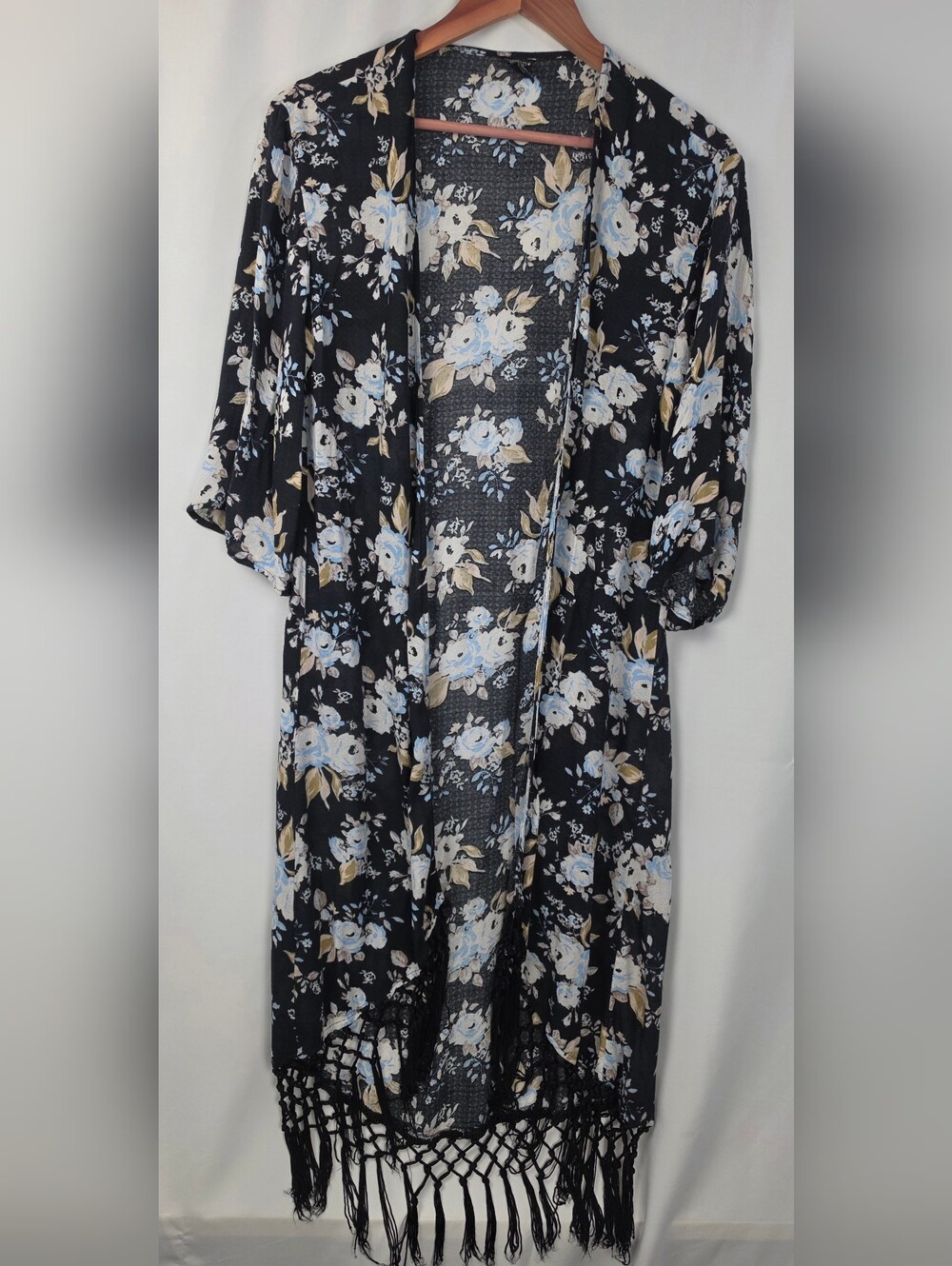 Forever 21 Black Blue Floral Fringe Kimono Duster S